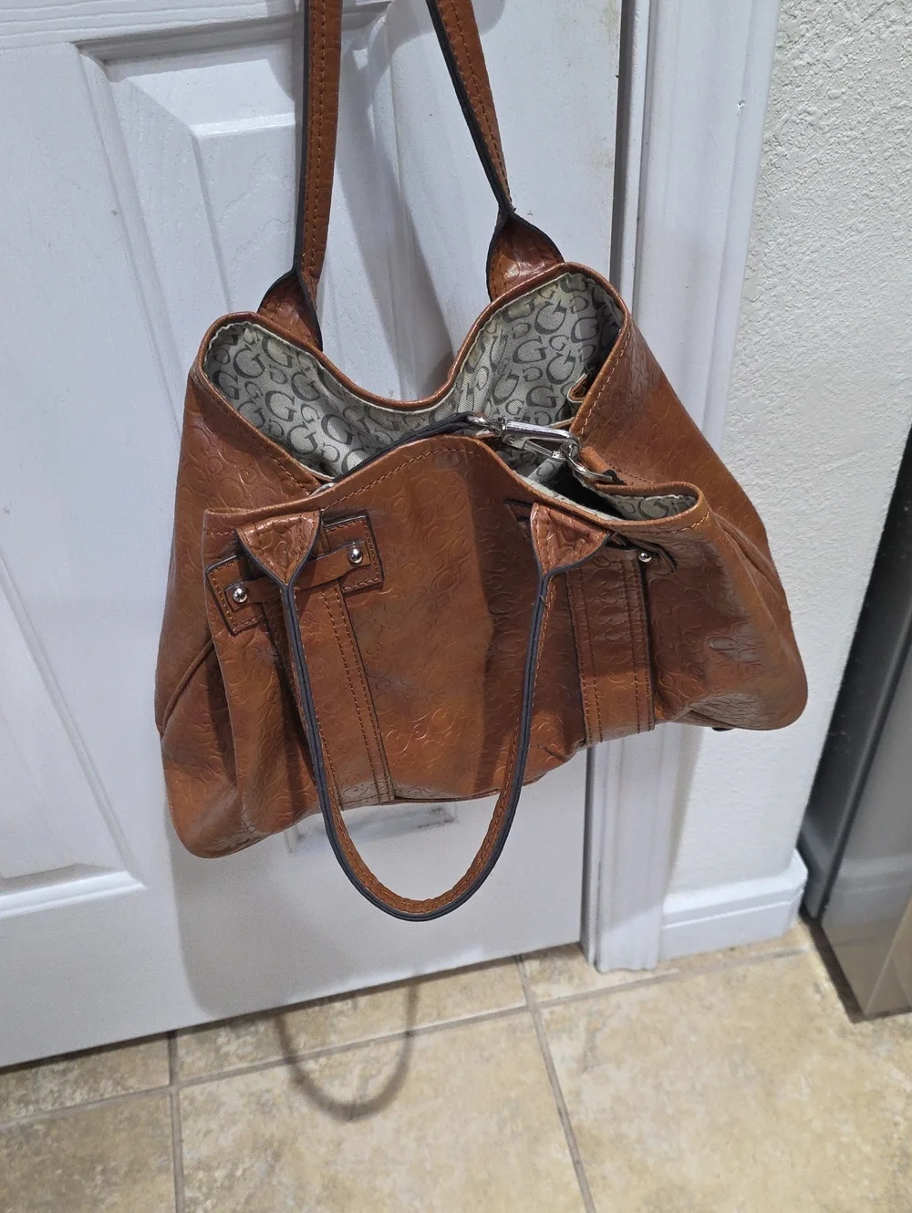 Guess Signature Embossed Leather Tote Bag in Cognac Brown